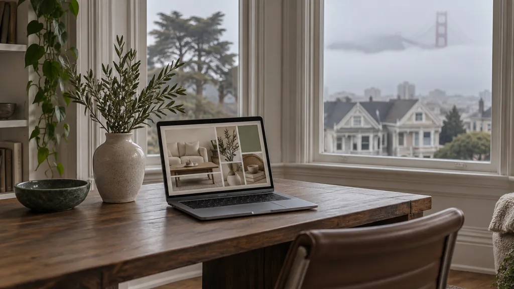 Creative studio setting for a San Francisco Pinterest ads agency: a Victorian bay-window office in San Francisco with a laptop showing a home goods mood board, a ceramic vase, fog outside the window and soft cool daylight