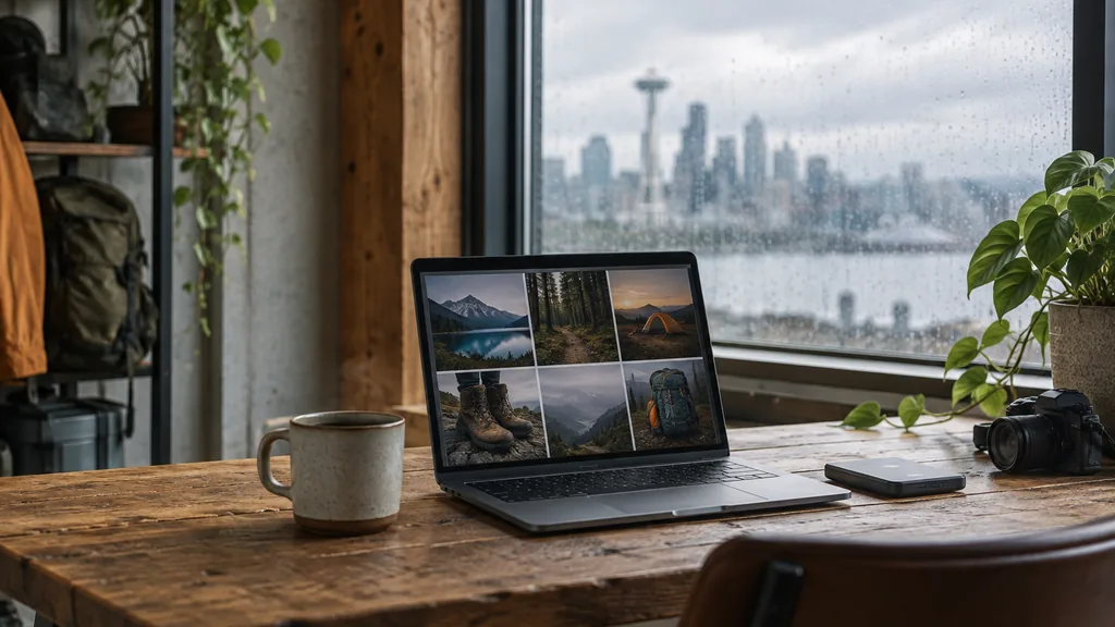 Creative studio setting for a Seattle Pinterest ads agency: a timber-beam Seattle studio with a laptop showing a grid of outdoor gear photos, a coffee cup, a rain-dotted window and soft grey daylight