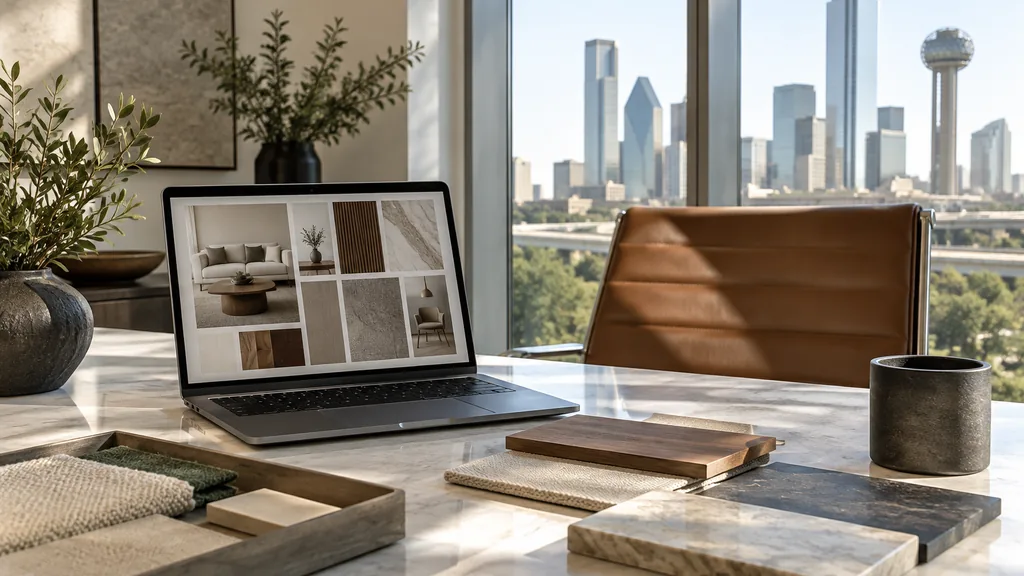 Creative studio setting for a Dallas Pinterest ads agency: a modern Dallas office with a laptop showing a home interiors mood board, tile and fabric samples, a leather chair and bright Texas morning light