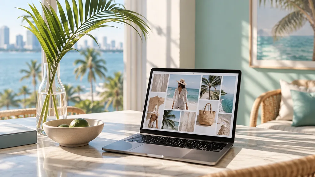 Creative studio setting for a Miami Pinterest ads agency: a bright Miami studio with pastel walls, a laptop showing a resort-wear mood board, a palm frond in a vase and strong tropical sunlight