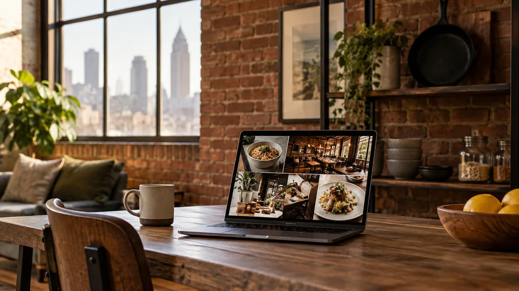 Creative studio setting for a Atlanta Pinterest ads agency: a brick-walled Atlanta loft office with a laptop showing a restaurant and recipe mood board, a cast-iron skillet on a shelf and warm golden light