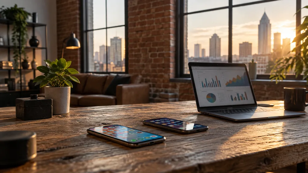 Workspace setting for a Atlanta app store optimization agency: an Atlanta loft office with exposed brick, two smartphones on a reclaimed wood desk showing colourful app icons, a laptop with abstract charts and warm late-afternoon light