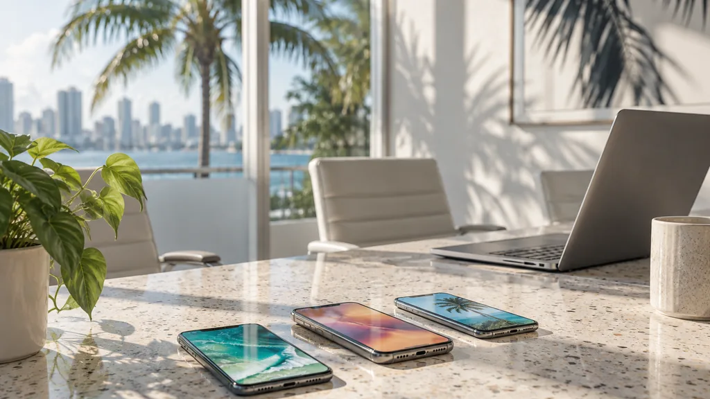 Workspace setting for a Miami app store optimization agency: a bright Miami office with white walls and palm shadows, three smartphones on a terrazzo desk showing colourful app screens, a laptop and strong morning sunlight