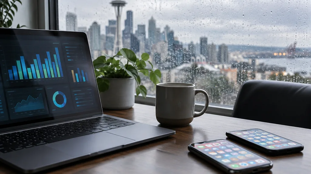 Workspace setting for a Seattle app store optimization agency: a Seattle office with rain on the window, a laptop showing abstract bar charts, two smartphones with colourful app icons, a coffee mug and soft grey daylight