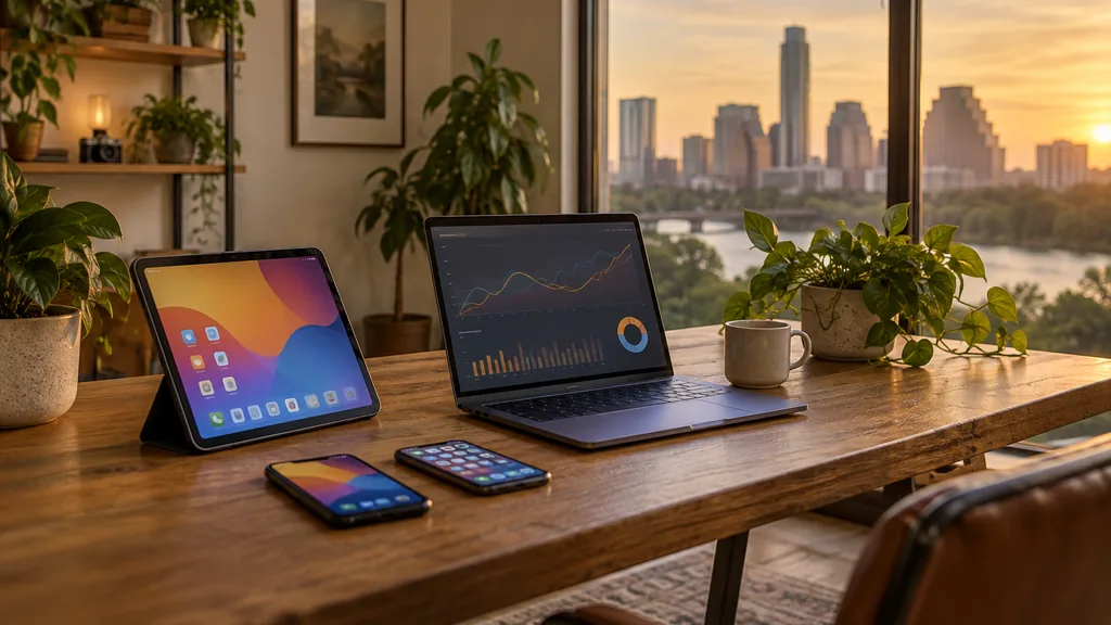 Workspace setting for a Austin app store optimization agency: an Austin studio with plants and a wooden desk, a tablet and two smartphones with colourful app screens, a laptop with abstract graphs and warm Texas evening light