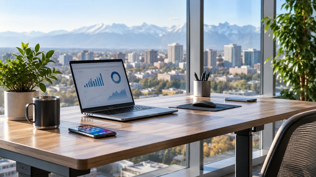 Workspace setting for a Denver app store optimization agency: a Denver office with large windows and distant mountain haze, a standing desk with a laptop showing abstract charts, smartphones with colourful app icons and crisp morning light
