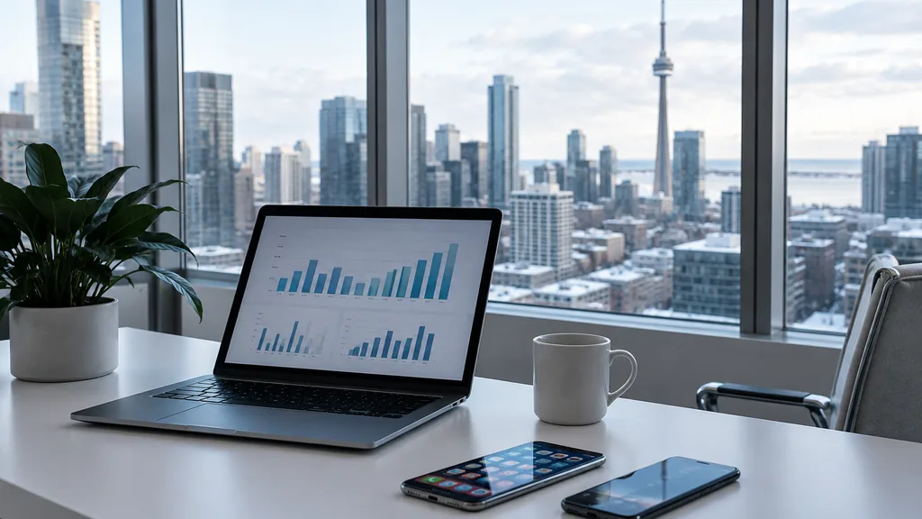 Workspace setting for a Toronto Apple Search Ads agency: a Toronto office with floor-to-ceiling windows, a white desk with two smartphones showing colourful app screens, a laptop with abstract bar charts and cool winter daylight