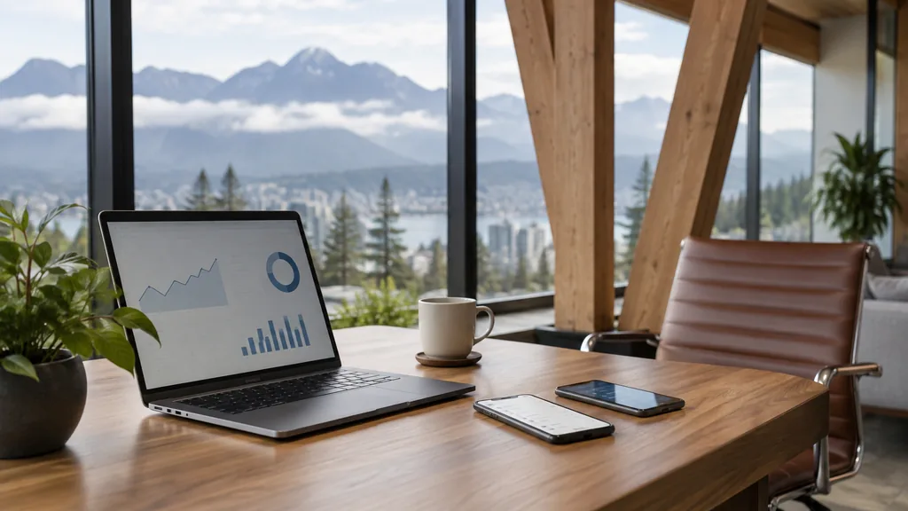 Workspace setting for a Vancouver Apple Search Ads agency: a Vancouver office with timber beams and a large window onto misty mountains, a desk with a laptop showing abstract graphs and smartphones with app screens