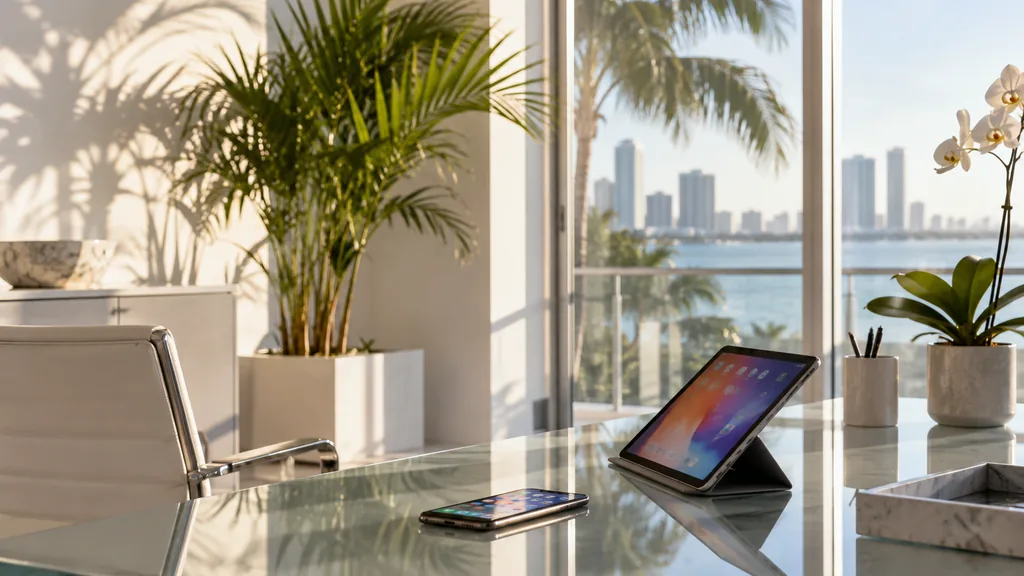 Workspace setting for a Miami Apple Search Ads agency: a bright Miami office with white walls and palm shadows, a glass desk with a smartphone and tablet showing colourful app screens and warm morning sun
