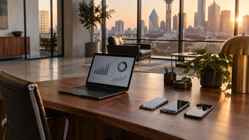 Workspace setting for a Dallas Apple Search Ads agency: a modern Dallas office with polished concrete floors, a walnut desk with a laptop showing abstract charts, three smartphones in a row and late afternoon light
