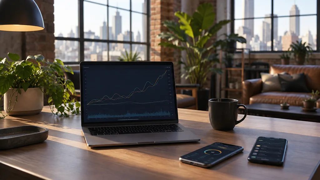 Workspace setting for a Atlanta Apple Search Ads agency: an Atlanta loft office with exposed brick and green plants, a desk with a laptop showing abstract line graphs, smartphones with app screens and soft warm light