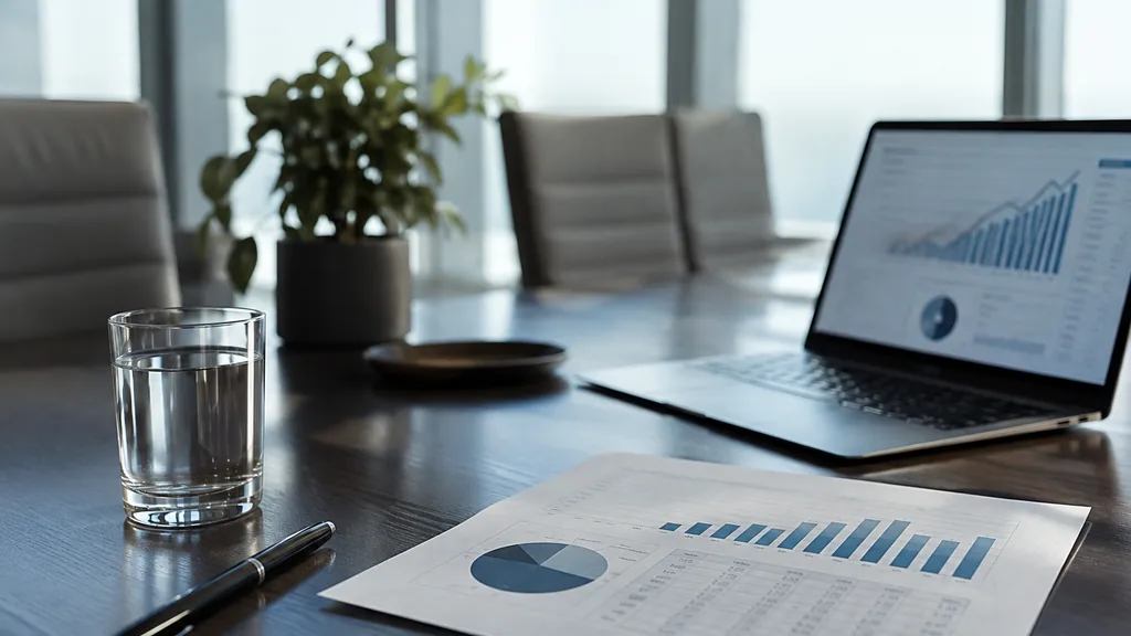Growth plan working session: a high-floor office meeting table with a printed financial model, a laptop showing revenue charts and cool lake-light through tall windows, no view outside