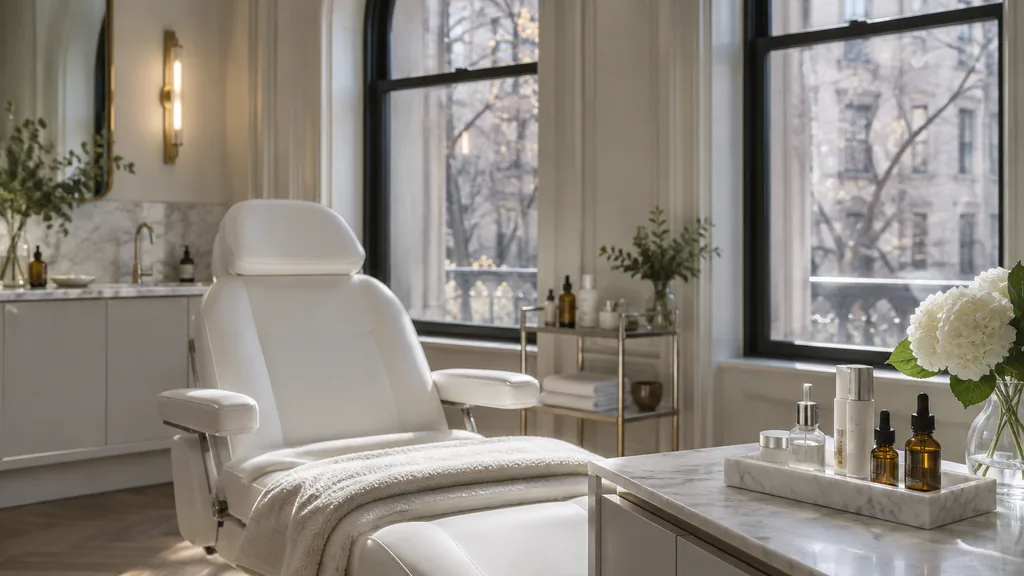 Med spa setting: an elegant treatment room in a greystone building with a white aesthetic chair, a small marble tray of skincare vials and soft winter daylight through tall arched windows
