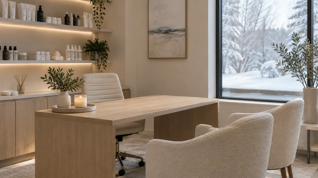 Med spa setting: a calm med spa consultation room with a pale oak desk, two upholstered chairs, a skincare shelf and soft snowy daylight through a large window