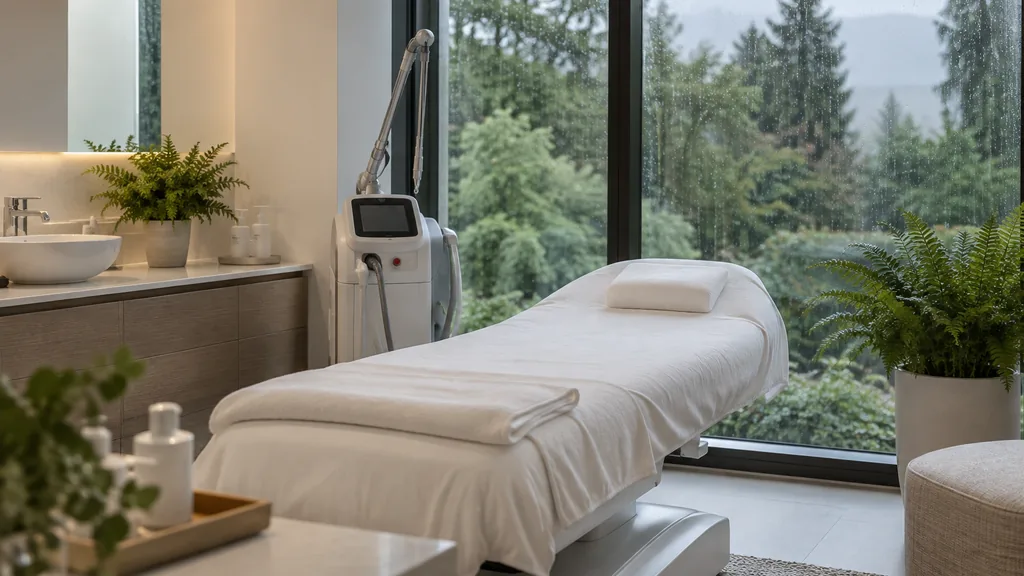 Med spa setting: a bright med spa treatment room with a white bed, a laser device, potted ferns and soft rainy light through floor-to-ceiling windows with green trees outside