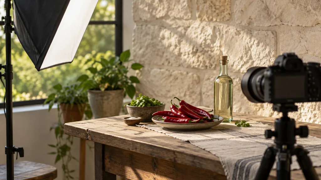 Everyday business setting for San Antonio product and brand photography work: a San Antonio tabletop photography setup against a pale limestone wall, a ceramic plate with fresh red chiles and an unlabeled glass bottle under a softbox, a camera on a tripod, warm afternoon light