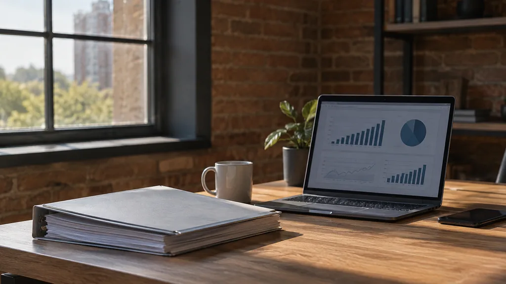 Growth plan working session: a brick-walled office desk with a printed business plan binder, a laptop showing revenue charts and soft morning window light