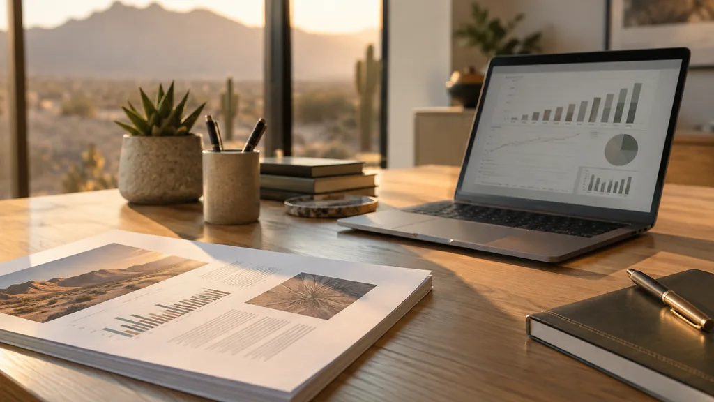 Growth plan working session: a sunlit desert-toned office desk with a printed investor deck, a laptop showing cash flow charts and warm late afternoon light