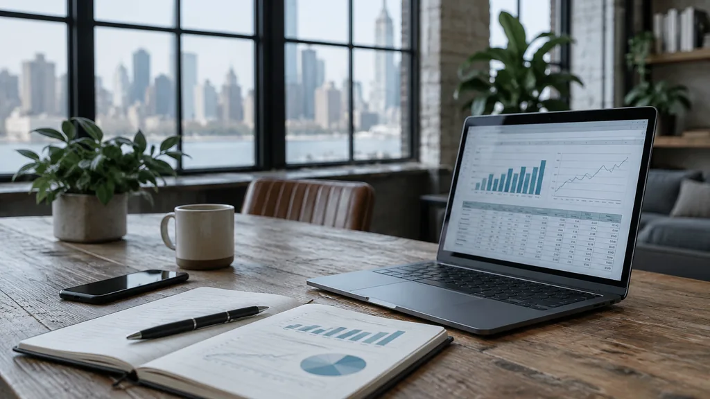 Growth plan working session: an industrial loft office table with a notebook of financial projections, a laptop spreadsheet and cool daylight through steel-framed windows
