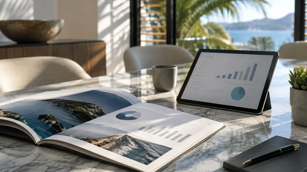 Growth plan working session: a bright office meeting table with a printed pitch deck, a tablet showing a revenue model and palm-shaded tropical light through blinds