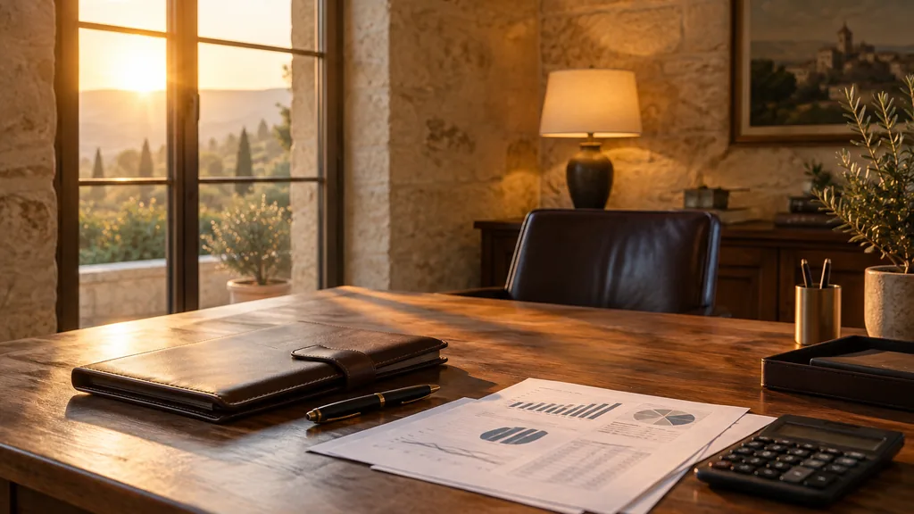 Growth plan working session: a warm stone-walled office desk with a leather folio, printed financial projections, a calculator and golden evening light
