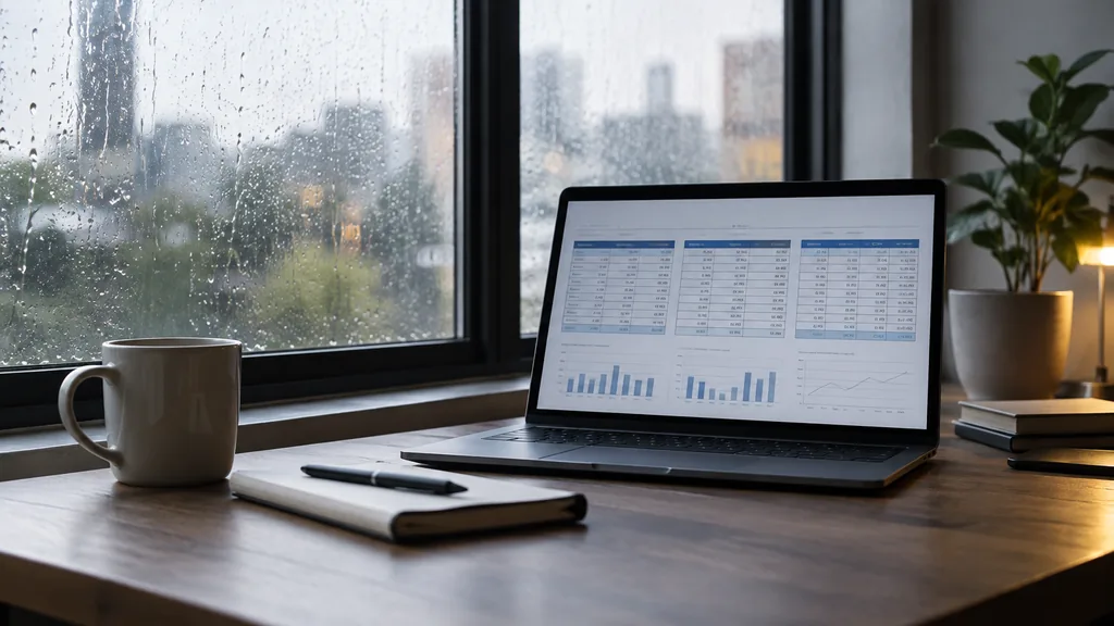Growth plan working session: a rain-streaked window beside a wooden desk with a laptop showing a three-statement model, a notebook and soft grey daylight