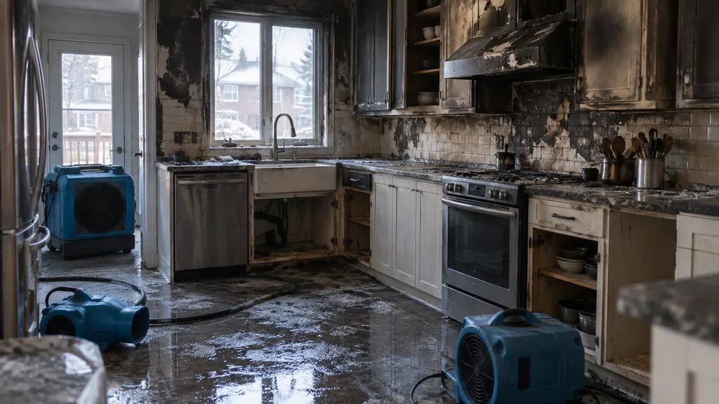 Disaster restoration job: a fire and water damaged kitchen in a Toronto semi-detached house mid-cleanup, soot-stained cabinets, air scrubber and drying fans, cool window light