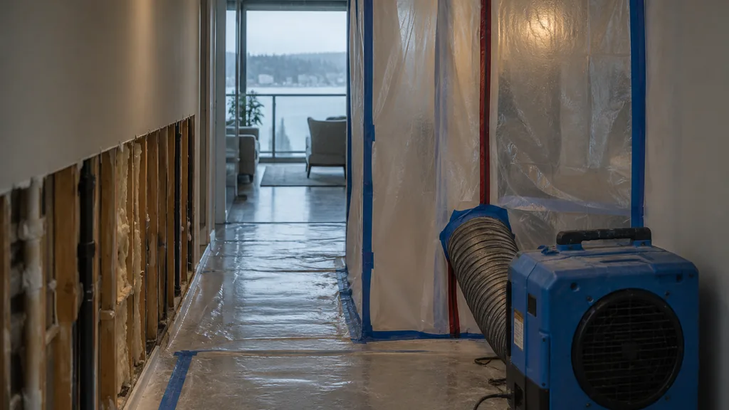 Disaster restoration job: a condo hallway with cut-out drywall and containment plastic for mould remediation, a negative air machine and soft rainy Pacific Northwest light