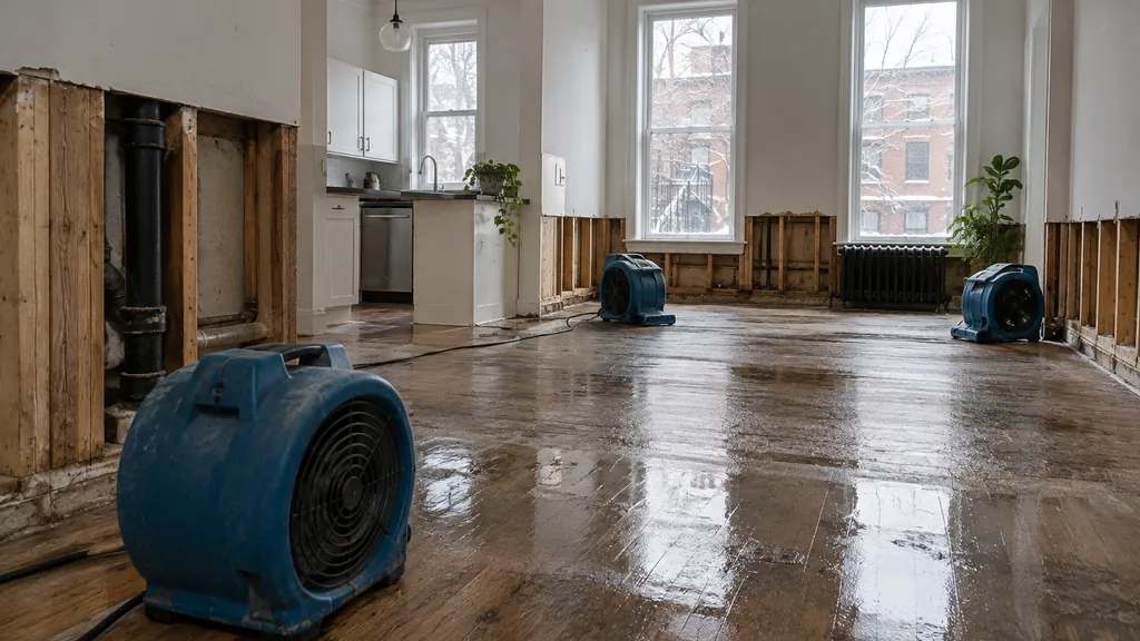 Disaster restoration job: a Montreal plex ground-floor flat after a sewer backup, baseboards removed, air movers on old hardwood and soft overcast winter light through tall windows