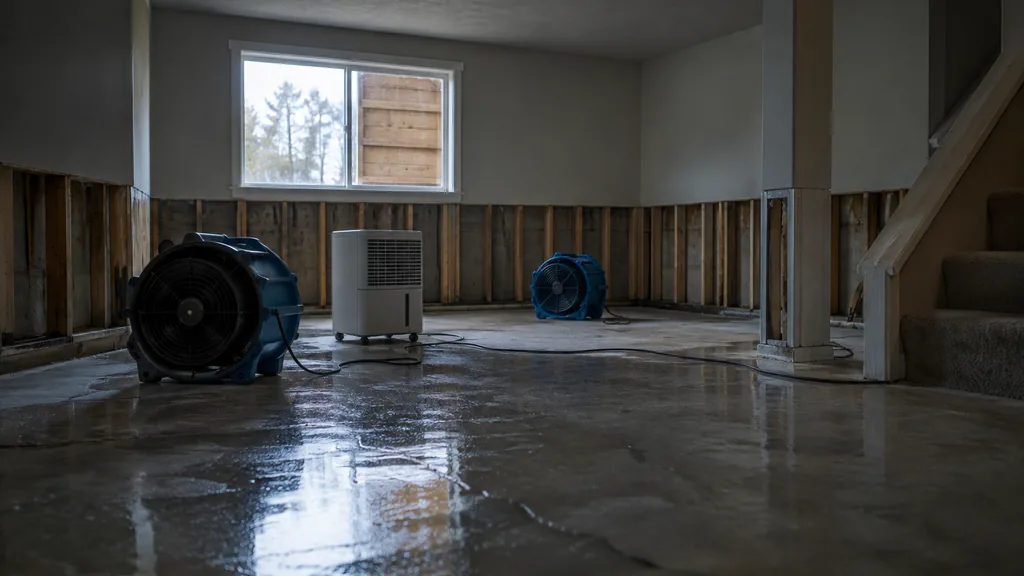 Disaster restoration job: a split-level home basement after spring flooding with a storm-damaged window boarded outside, drying fans and dehumidifier, pale winter light