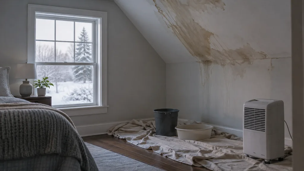 Water damage restoration job: an upstairs bedroom ceiling with ice dam water stains, drop cloths and a dehumidifier, pale snowy window light