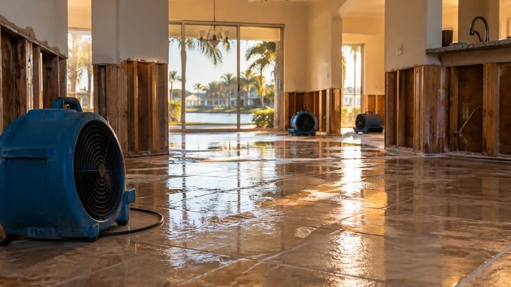 Water damage restoration job: a Florida single-family home with wet tile floors and cut drywall at flood height, air movers and humid golden light