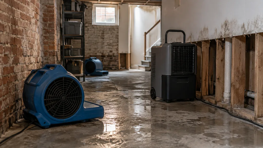 Water damage restoration job: a rowhouse basement with exposed brick, stained drywall cut at knee height, air movers and a dehumidifier, soft morning light