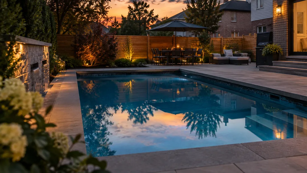 Pool project: a newly finished inground pool in a compact Toronto suburban backyard at dusk, stone coping, a cedar fence and warm patio lights, still water reflecting the sky