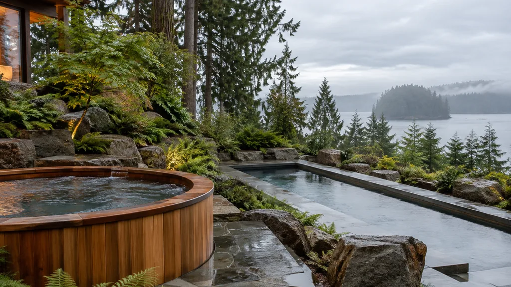 Pool project: a cedar-clad hot tub and a small lap pool on a terraced West Coast garden after rain, wet stone, ferns and soft grey Pacific light