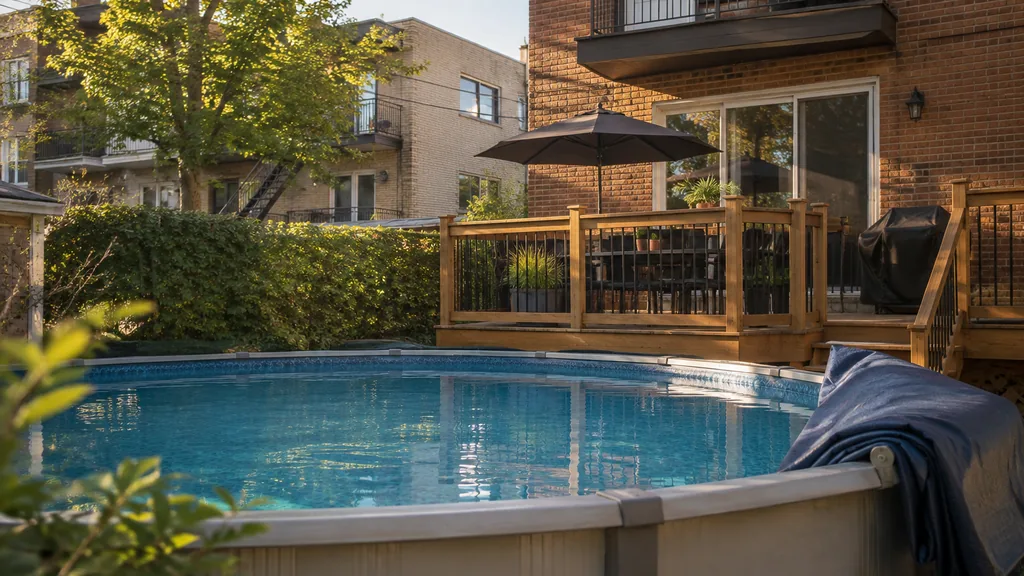 Pool project: an above-ground pool with a wooden deck behind a Montreal suburban duplex in early summer, a folded pool cover and warm late afternoon light