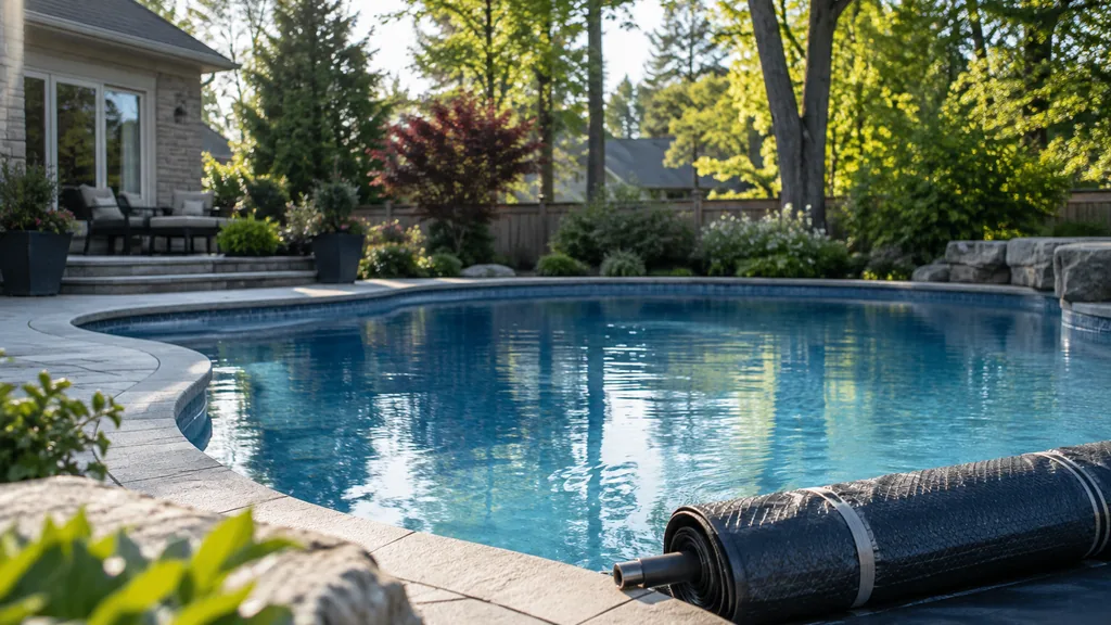 Pool project: a freshly opened inground pool in an Ottawa backyard in late spring, safety cover rolled at the edge, maple trees and cool morning light