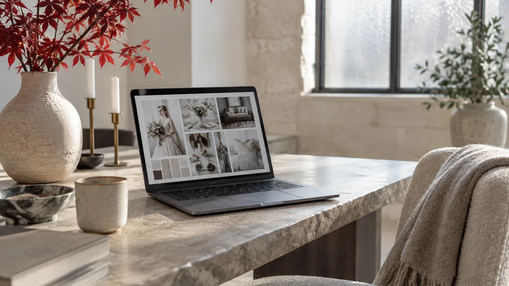 Creative studio setting for a Ottawa Pinterest ads agency: a bright loft office with pale limestone walls and frosted windows, a laptop showing a wedding and home decor mood board, a wool throw on a chair, a red maple branch in a vase and soft winter daylight