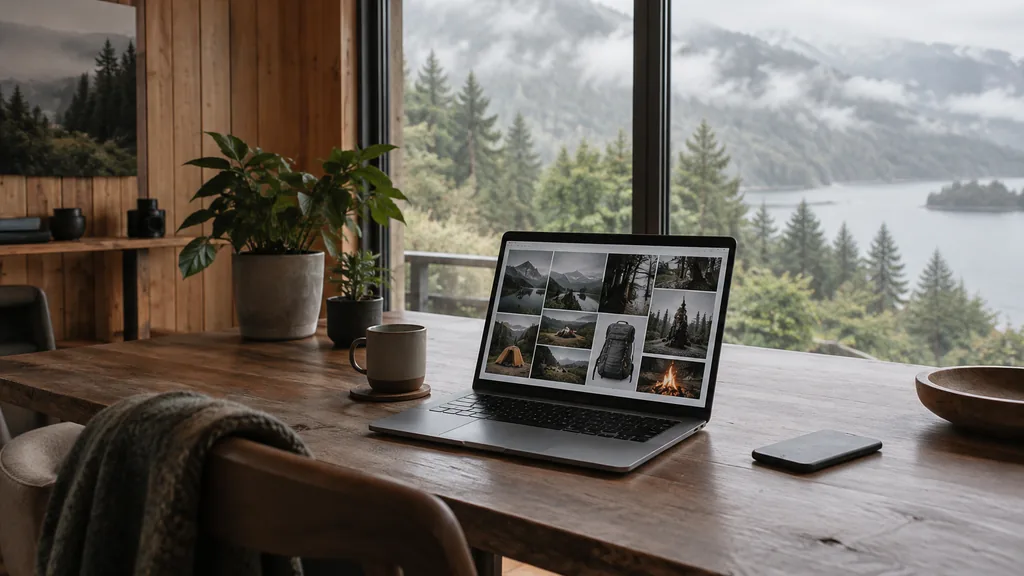 Creative studio setting for a Vancouver Pinterest ads agency: a West Coast studio with cedar walls and a large window onto misty green hills, a laptop showing an outdoor gear mood board, a ceramic mug and soft rainy daylight