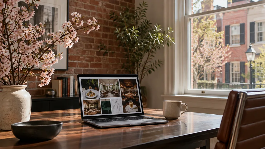 Creative studio setting for a Washington DC Pinterest ads agency: a Georgetown rowhouse office with exposed brick, a laptop showing a restaurant and interiors mood board, a vase of cherry blossom branches and warm spring light
