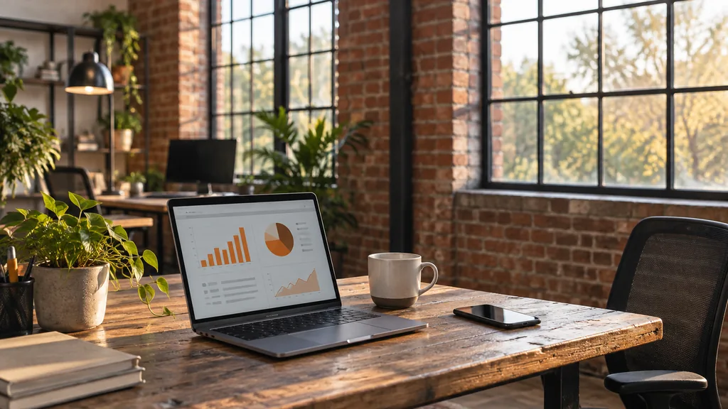 Workspace setting for a Atlanta Reddit ads agency: an Atlanta creative office in a converted brick warehouse with tall steel windows, a laptop showing abstract orange charts, a smartphone and a coffee cup on a reclaimed wood desk, warm afternoon light