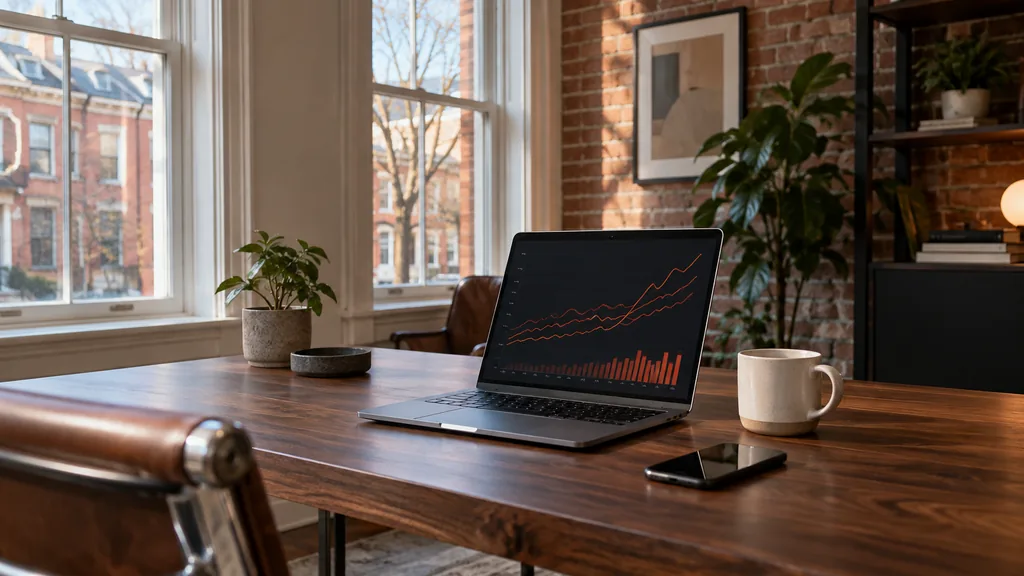Workspace setting for a Philadelphia Reddit ads agency: a Philadelphia office in a red-brick rowhouse conversion with tall sash windows, a laptop with abstract orange line graphs, a smartphone and a ceramic mug on a walnut desk