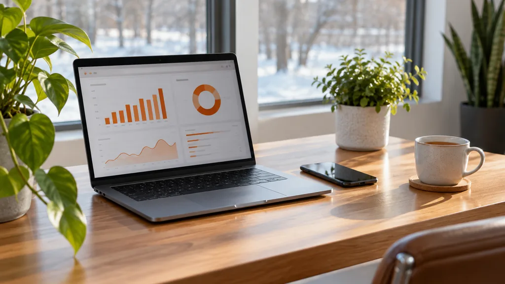Workspace setting for a Ottawa Reddit ads agency: an Ottawa office with large windows and crisp winter light, a laptop showing abstract orange dashboards, a smartphone and a tea cup on a maple desk, green plants nearby