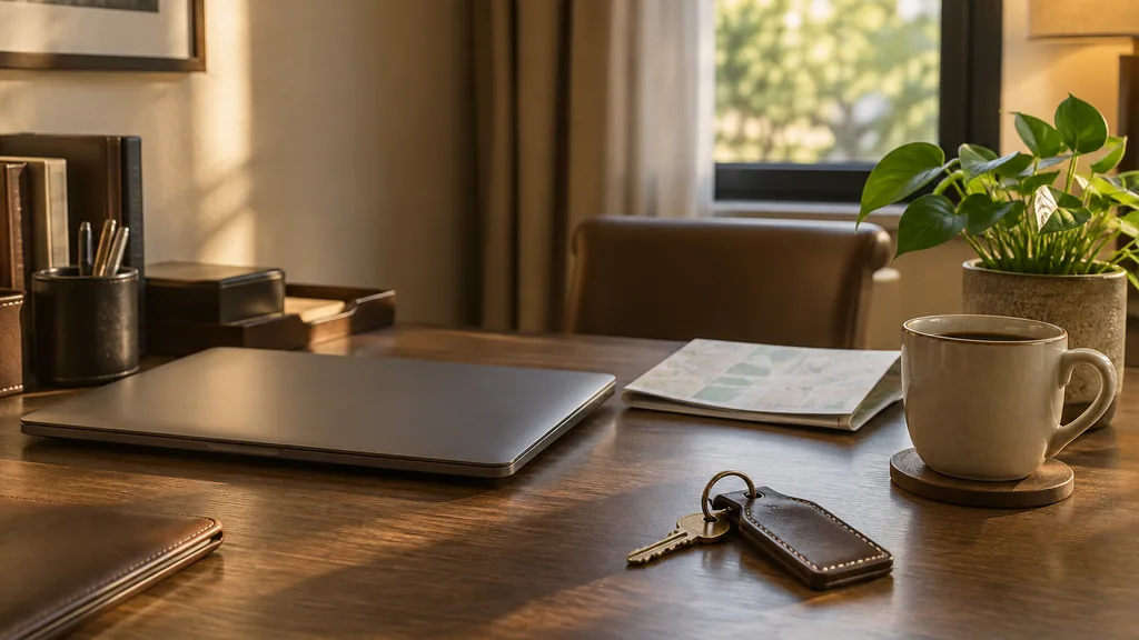 An empty hotel back office desk: a quiet hotel back office desk with a closed laptop, a brass room key on a leather tag, a folded paper map, a small potted plant and a ceramic coffee cup under warm morning light