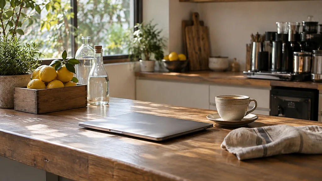 An empty cafe office counter: a small cafe office counter with a closed laptop, unlabeled glass bottles, a wooden crate of fresh lemons, a linen napkin and a coffee cup under soft daylight