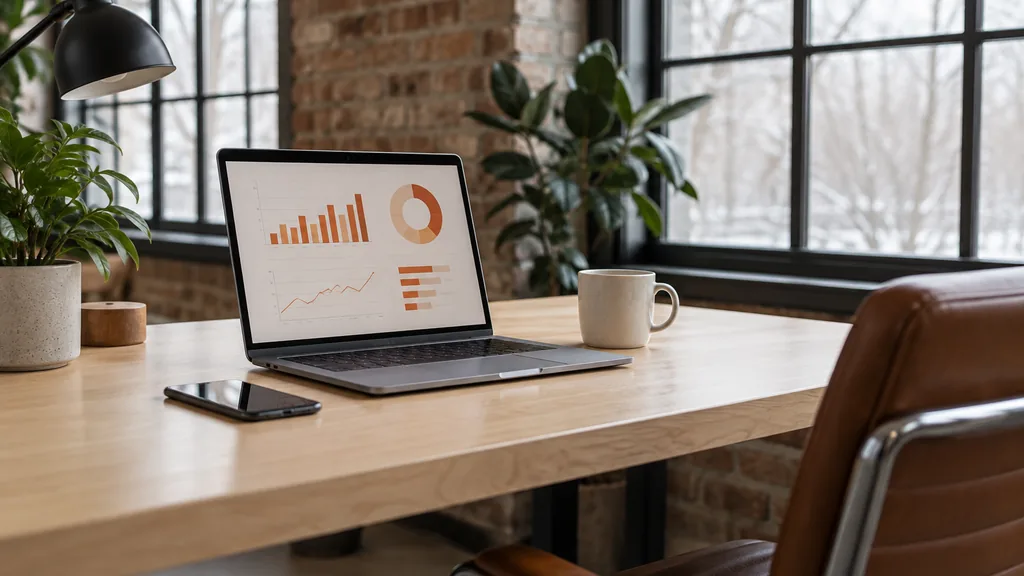 Workspace setting for a Minneapolis Reddit ads agency: a Minneapolis loft office with exposed brick and big industrial windows in soft winter light, a laptop showing abstract orange charts, a smartphone and a coffee mug on a birch desk