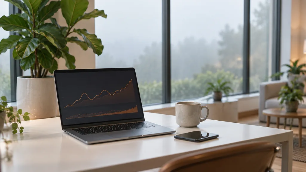 Workspace setting for a San Francisco Reddit ads agency: a San Francisco startup office with pale wood floors and foggy morning light through tall windows, a laptop showing abstract orange line graphs, a smartphone and a ceramic cup on a white desk, a fiddle-leaf plant nearby