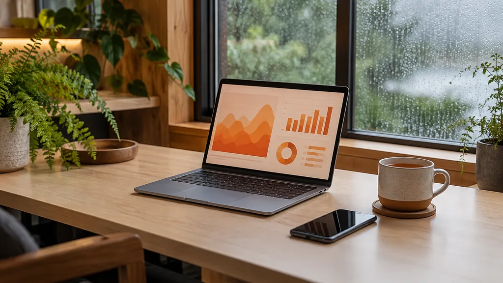 Workspace setting for a Vancouver Reddit ads agency: a Vancouver studio with cedar accents and soft rainy-day light, a laptop showing abstract orange dashboards, a smartphone and a tea cup on a light maple desk, green ferns nearby