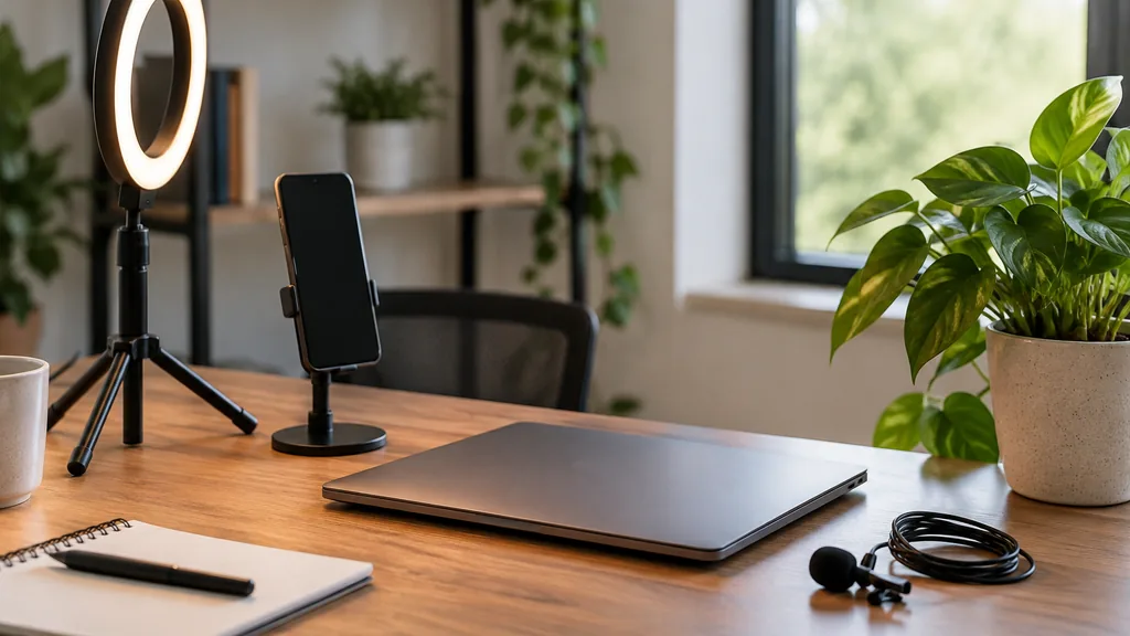 An empty startup office corner: a calm startup office corner with a small ring light on a tripod, a smartphone on a tabletop stand, a closed laptop, a lavalier microphone coiled on a wooden desk and a potted plant under soft daylight