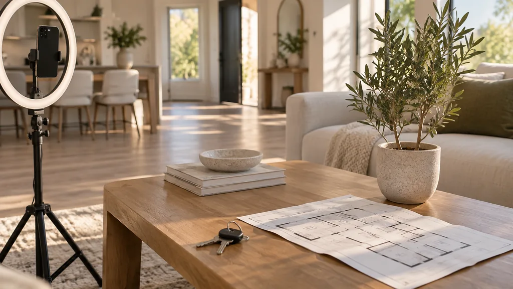 An empty model-home living room: a bright empty model-home living room with a smartphone on a small tripod, a ring light, a set of house keys on a wooden coffee table, a folded floor plan and a potted olive tree under warm afternoon light